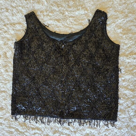 Elegant Black Sequin Sleeveless Top Fringe Vintage 100% Wool Size Large Glam - Picture 3 of 4